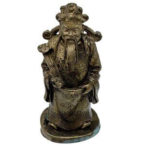 Vintage Brass Lu Xing Chinese God Of Prosperity Statue 4.5" Tall Detailed Design